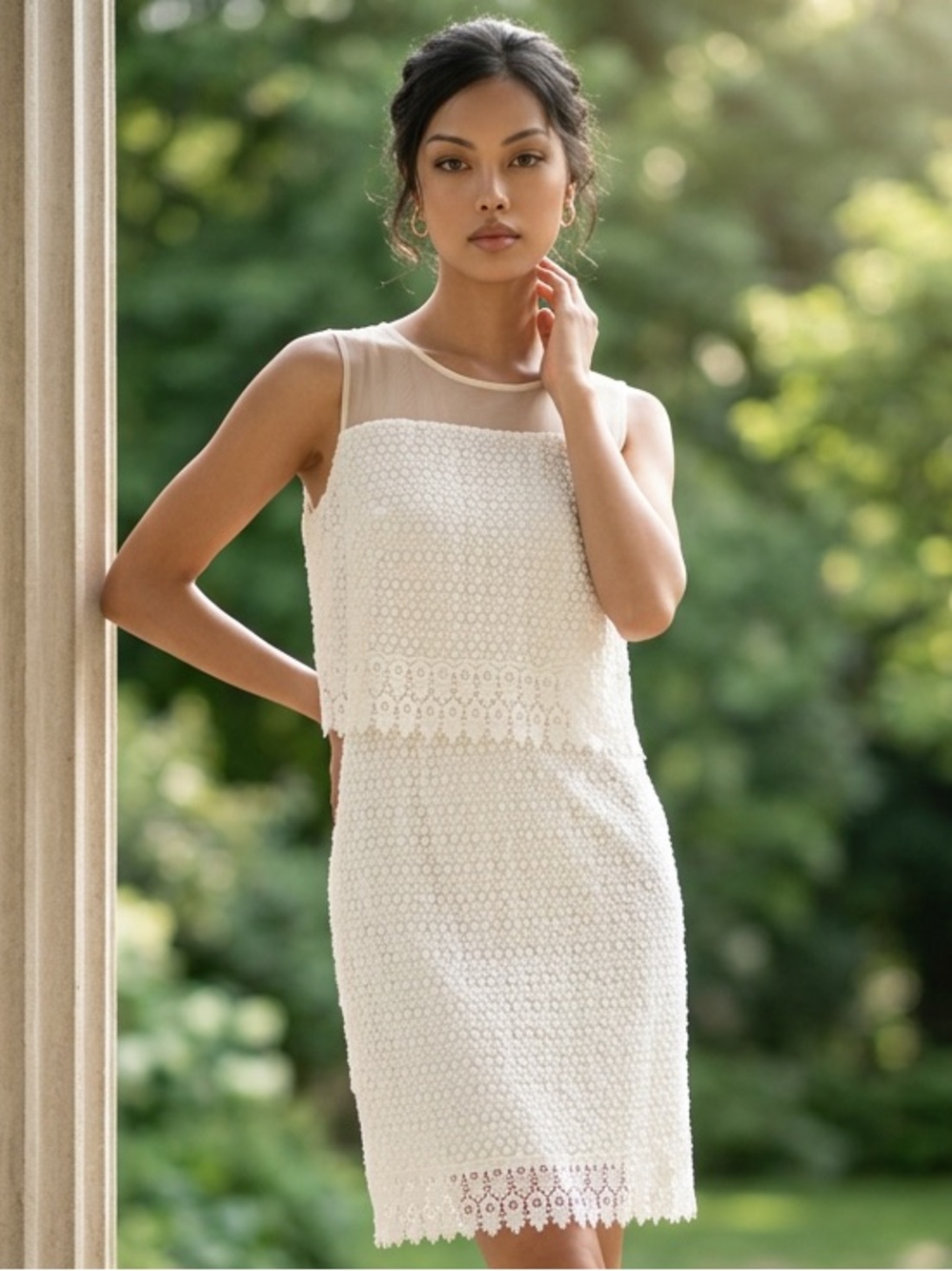 Hobbs Women's US 12 White Lace Sleeveless Shift Dress Knee Length Round Neck Zip
